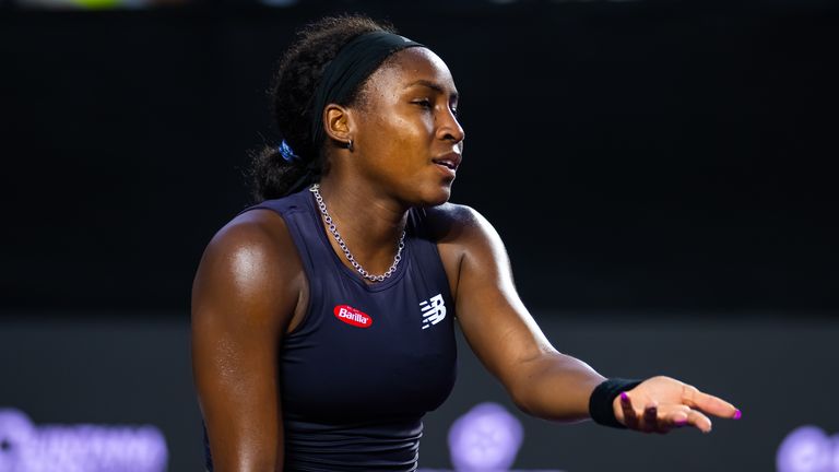 CANCUN, MEXICO - NOVEMBER 01: Coco Gauff of the United States in action against Iga Swiatek of Poland in the second round robin match on Day 4 of the GNP Seguros WTA Finals Cancun 2023 part of the Hologic WTA Tour on November 01, 2023 in Cancun, Mexico (Photo by Robert Prange/Getty Images)