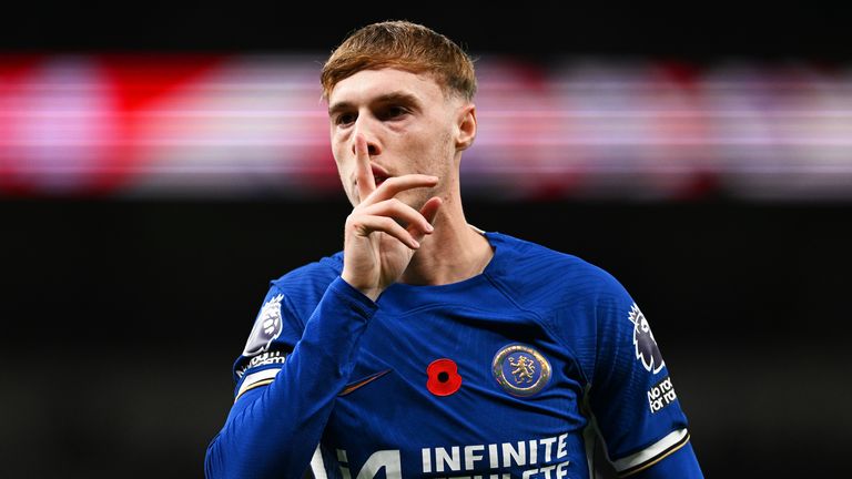 Cole Palmer celebrates after equalising for Chelsea at Tottenham