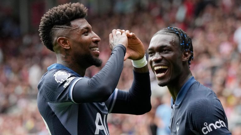 Tottenham&#39;s Emerson Royal and Yves Bissouma celebrate at 2-2