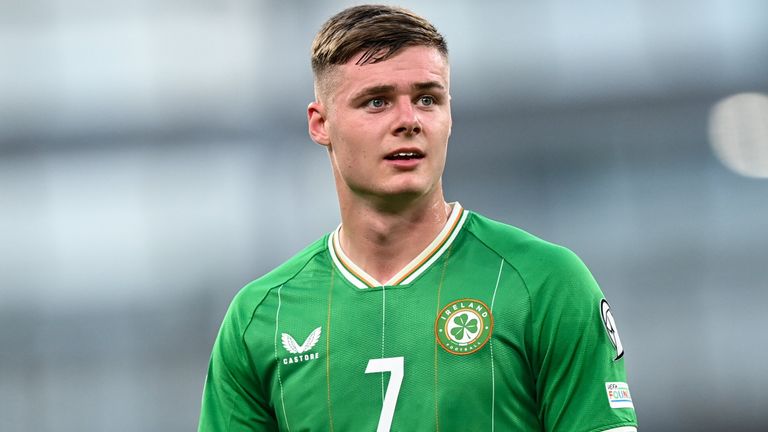 Evan Ferguson of Republic of Ireland during the UEFA EURO 2024 Qualifying, Group B match against Gibraltar at the Aviva Stadium in Dublin