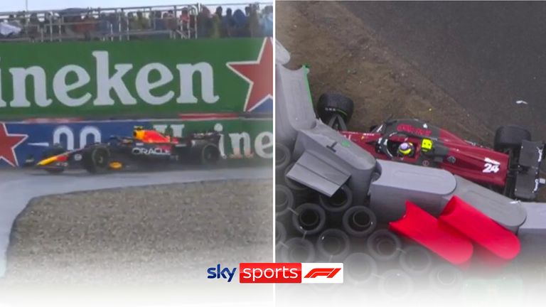 As the heavy rain starts to fall, Sergio Perez and Zhou Guanyu hit the barriers at the Dutch GP