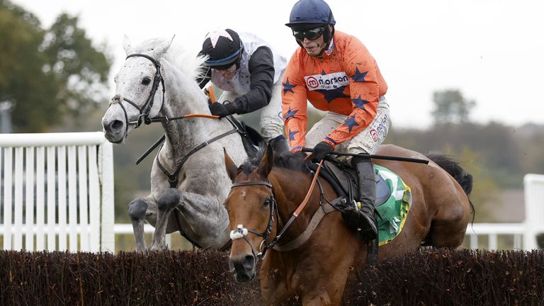 Gentlemansgame ridden by Darragh O&#39;Keeffe (left) wins the bet365 Charlie Hall Chase at Wetherby after Bravemansgame makes error at the last