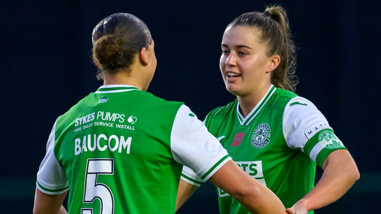 GOAL 1-0 Eilidh Adams of Hibs celebrates after scoring the opening goal during the Sky Sports Cup quarter final match between Hibernian Women and Dundee United Women at Meadowbank Sports Stadium, Edinburgh, Scotland on 12 November 2023.

Picture Malcolm Mackenzie / ScottishPower Women’s Premier League

All photo usage must carry mandatory copyright credit (© ScottishPower Women’s Premier League | Malcolm Mackenzie)