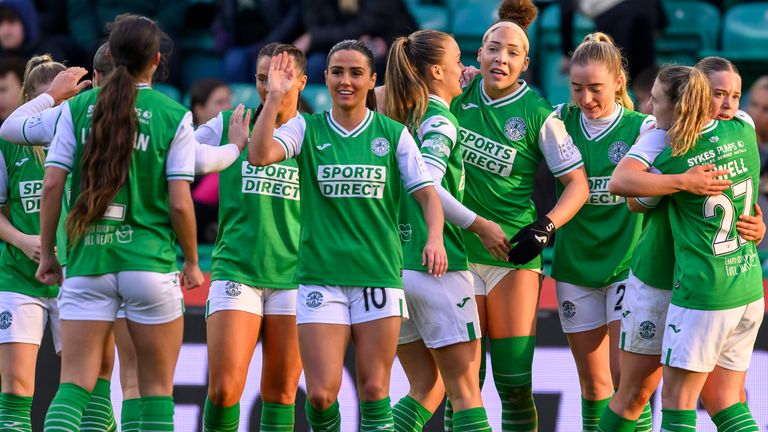 Hibernian celebrate their victory over rivals Hearts