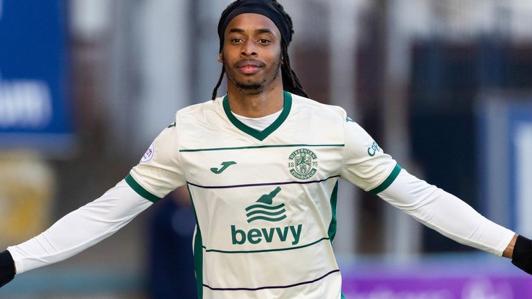 DUNDEE, SCOTLAND - NOVEMBER 25: Hibernian&#39;s Jair Tavares (C) celebrates after scoring to make it 1-0 during a cinch Premiership match between Dundee and Hibernian at the Scot Foam Stadium at Dens Park, on November 25, 2023, in Dundee, Scotland. (Photo by Ross Parker / SNS Group)