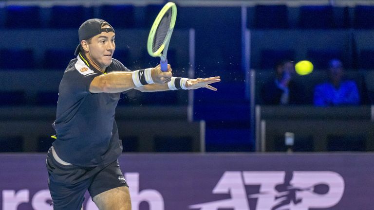 Germany&#39;s Jan-Lennard Struff returns a ball to USA&#39;s Christopher Eubanks during their first round match at the Swiss Indoors tennis tournament at the St. Jakobshalle in Basel, Switzerland, on Monday, Oct. 23, 2023. (Georgios Kefalas/Keystone via AP)