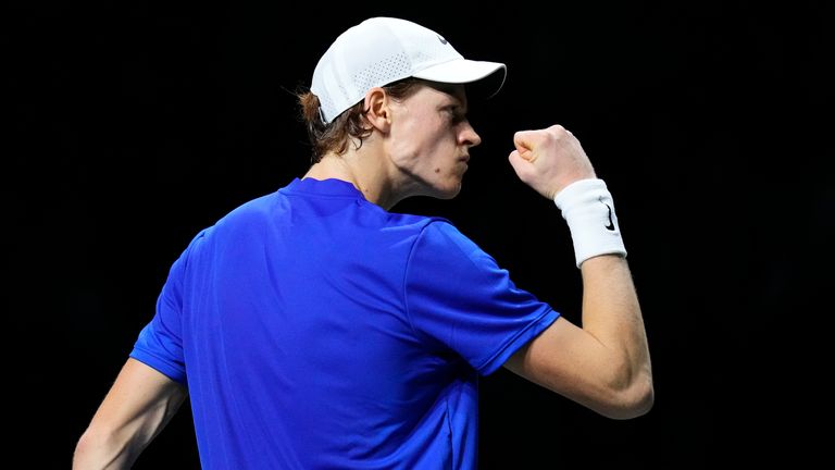 Jannik Sinner of Italy celebrates winning a point on his way to defeating Alex de Minaur of Australia in Match 2 during a Davis Cup final tennis match between Australia and Italy in Malaga, Spain, Sunday, Nov. 26, 2023. Italy are the David Cup winners. (AP Photo/Manu Fernandez)