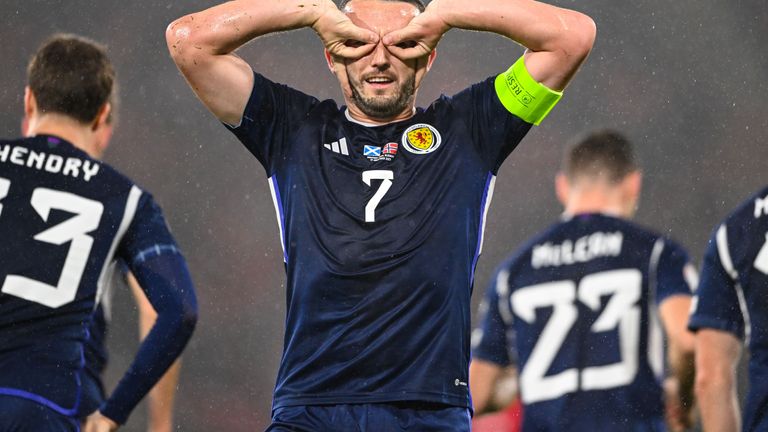 GLASGOW, SCOTLAND - NOVEMBER 19: Scotland&#39;s John McGinn celebrates after making it 1-1 during a UEFA Euro 2024 Qualifier between Scotland and Norway at Hampden Park, on November 19, 2023, in Glasgow, Scotland. (Photo by Paul Devlin / SNS Group)