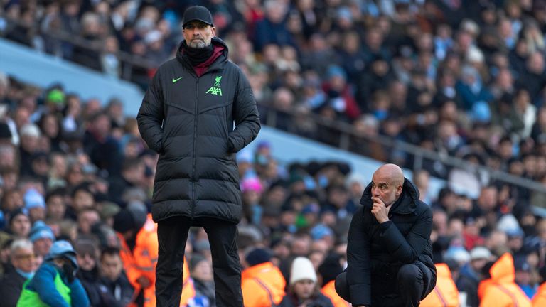 MANCHESTER, ENGLAND - NOVEMBER 25: Liverpool manager Jurgen Klopp and Manchester City manager Pep Guardiola during the Premier League match between Manchester City and Liverpool FC at Etihad Stadium on November 25, 2023 in Manchester, England. (Photo by Visionhaus/Getty Images) *** Local Caption *** Jurgen Klopp; Pep Guardiola 