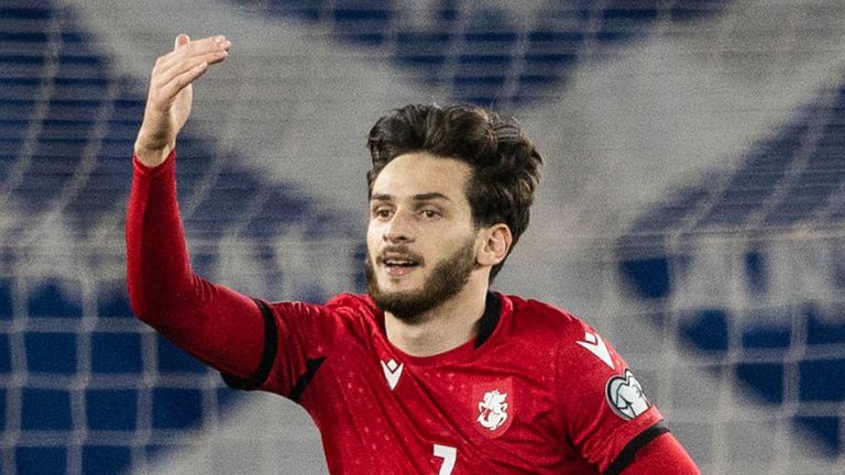 TBILISI, GEORGIA - NOVEMBER 16: Georgia&#39;s Khvicha Kvaratskhelia celebrates after scoring to make it 1-0 during a UEFA Euro 2024 Qualifier between Georgia and Scotland at the Boris Paichadze Dinamo Arena, on November 16, 2023, in Tbilisi, Georgia. (Photo by Craig Williamson / SNS Group)