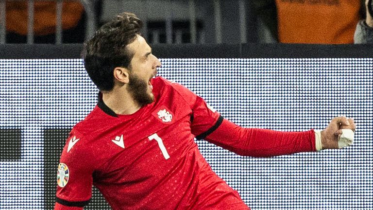 TBILISI, GEORGIA - NOVEMBER 16: Georgia&#39;s Khvicha Kvaratskhelia celebrates after scoring to make it 2-1 during a UEFA Euro 2024 Qualifier between Georgia and Scotland at the Boris Paichadze Dinamo Arena, on November 16, 2023, in Tbilisi, Georgia. (Photo by Craig Williamson / SNS Group)