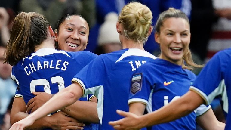 Chelsea&#39;s Lauren James (second left) celebrates scoring their fourth goal