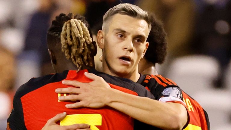 Jeremy Doku congratulates Leandro Trossard after he scored Belgium&#39;s fifth goal