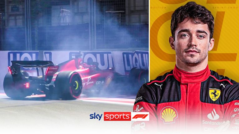 Charles Leclerc hits the barriers in his Ferrari on his final run in the 2023 Azerbaijan GP Sprint Shootout but his previous run was enough to give him pole for the Sprint