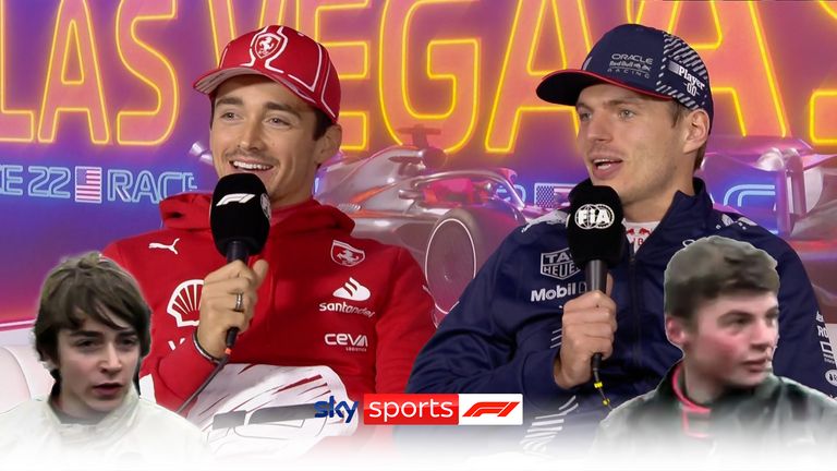 Charles Leclerc and Max Verstappen discuss their lap one incident and joke about their past karting confrontations after the Las Vegas GP