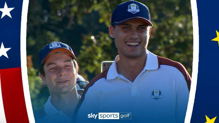 Ludvig Aberg almost holed his tee shot on the par-three fourth hole during the Saturday foursomes session at the Ryder Cup in Rome