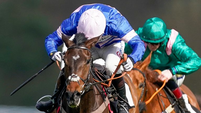 Angus Cheleda riding Blueking D&#39;Oroux clear the last to win The Royal Ascot Racing Club Juvenile Handicap Hurdle at Ascot 