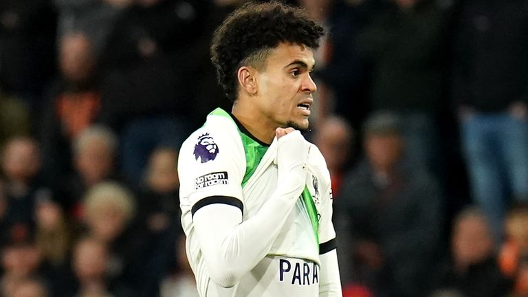 Liverpool&#39;s Luis Diaz celebrates scoring their side&#39;s first goal of the game by unveiling a shirt that reads (translated to English) &#39;Freedom for Dad&#39; during the Premier League match at Kenilworth Road, Luton. Picture date: Sunday November 5, 2023.