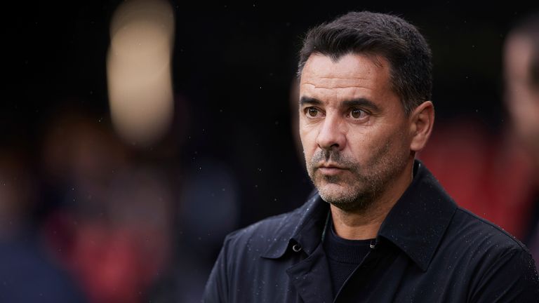 Miguel Angel Sanchez Michel head coach of Girona FC looks on during the LaLiga EA Sports match between CA Osasuna and Girona FC at El Sadar on November 4, 2023, in Pamplona, Spain. AFP7 04/11/2023 (Europa Press via AP)