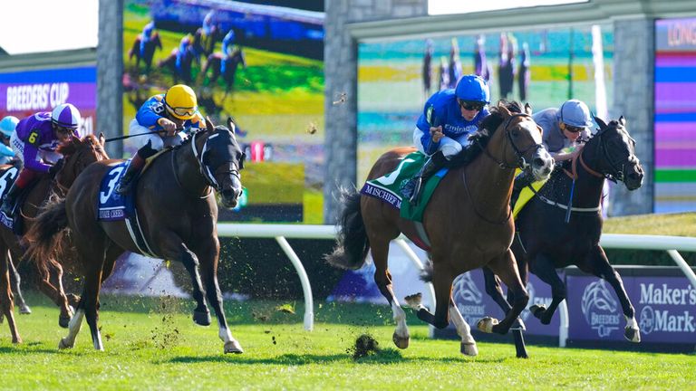 William Buick rides Mischief Magic to victory over Dramatised in the Breeders&#39; Cup Juvenile Turf Sprint at Keenelend