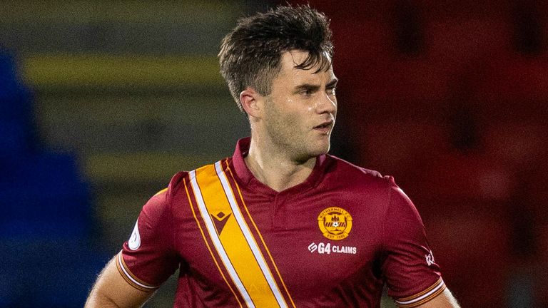 Motherwell&#39;s Shane Blaney celebrates his goal to make it 2-1 during a cinch Premiership match between St Johnstone and Motherwell at McDiarmid Park