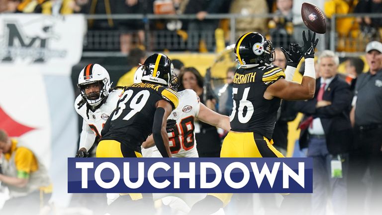 On the first play of the game, Pittsburgh Steelers linebacker Alex Highsmith picks off a deflected pass from Cleveland Browns quarterback Deshaun Watson and returns it 30 yards for the opening touchdown on Monday Night Football