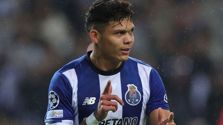 Porto&#39;s Evanilson celebrates scoring his side&#39;s first goal during a Champions League Group H soccer match between Porto and Antwerp