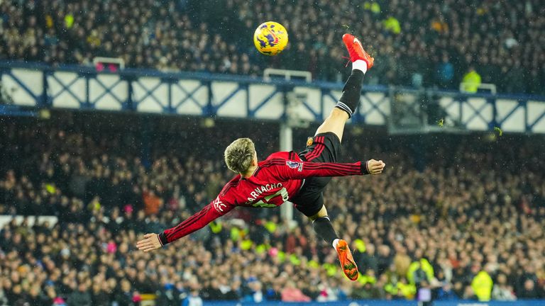 Alejandro Garnacho scores with a spectacular overhead kick at Goodison Park