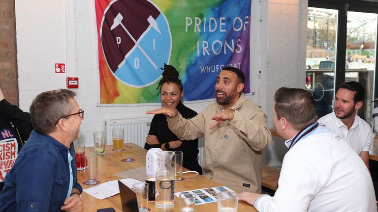 Anton Ferdinand.To mark 10 years of the Premier League...s Rainbow Laces campaign, West Ham and Pride of Irons (the West Ham LGBTQ+ supporters group) a launching the pop-up Hammers Pride Bar at Two More Years, a stone...s throw from the London Stadium..The event will see Ambassadors, fans and current men...s first team squad/staff come together to launch the safe space that will be open in the run up to and including club...s Rainbow Laces fixture against Crystal Palace on Sunday 3 December. Picture West Ham United