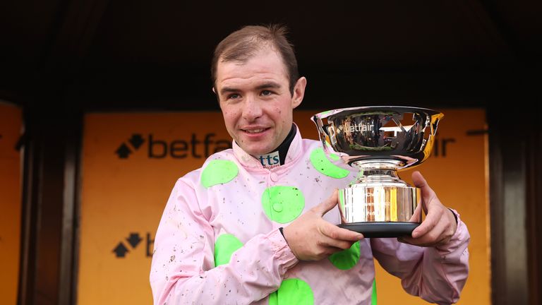 Chaelie Deutsch poses with the Betfair Chase trophy after Royale Pagaille&#39;s success