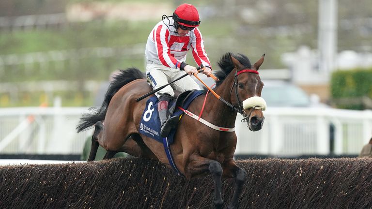 Sam Twiston-Davies and The Real Whacker jump the last in the Brown Advisory Novices&#39; Chase