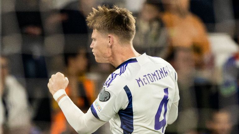 TBILISI, GEORGIA - NOVEMBER 16: Scotland&#39;s Scott McTominay celebrates after scoring to make it 1-1 during a UEFA Euro 2024 Qualifier between Georgia and Scotland at the Boris Paichadze Dinamo Arena, on November 16, 2023, in Tbilisi, Georgia. (Photo by Craig Williamson / SNS Group)