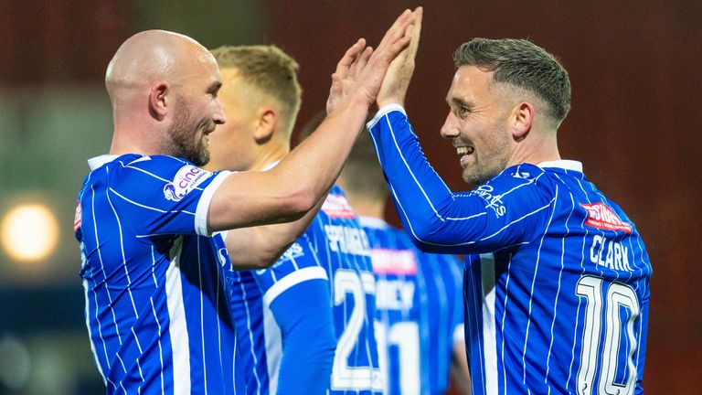 St Johnstone&#39;s Nicky Clark (R) celebrates his goal to make it 1-0 with team-mate Chris Kane during a cinch Premiership match between St Johnstone and Motherwell at McDiarmid Park