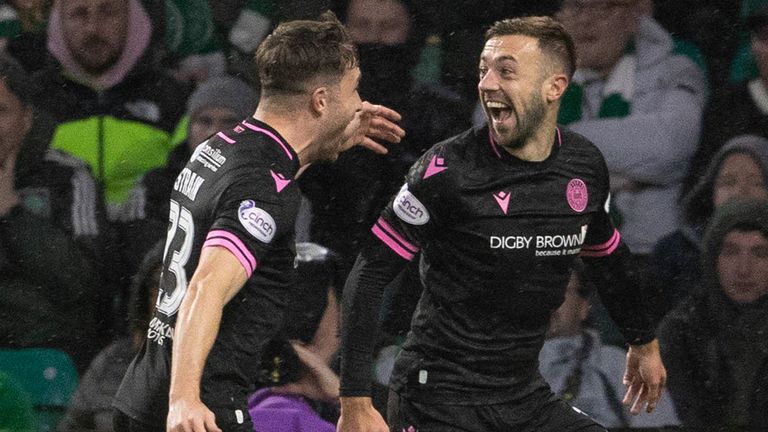 GLASGOW, SCOTLAND - NOVEMBER 01: St Mirren&#39;s Conor McMenamin celebrates with Ryan Strain after making it 1-0 during a cinch Premiership match between Celtic and St Mirren,on November 01, 2023, in Glasgow, Scotland. (Photo by Alan Harvey / SNS Group)