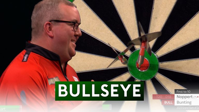 Stephen Bunting books his spot in the Grand Slam of Darts quarter-final with a comfortable win over Danny Noppert, finishing with this 121 on the bullseye. 