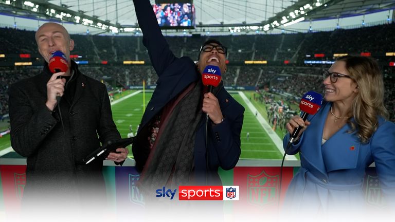 The party gets started at the NFL in Frankfurt, as the Deutsche Bank Park erupts with their rendition of Neil Diamond's Sweet Caroline.  