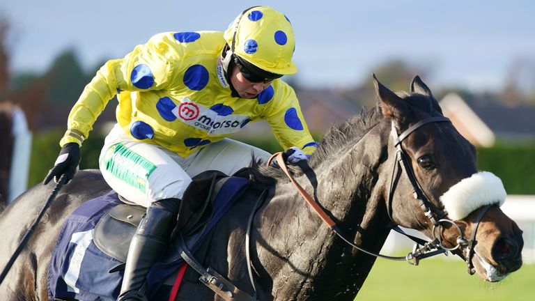 Switch Hitter ridden by Bryony Frost clears a fence before going on to win the Sky Sports Racing Novices&#39; Limited Handicap Chase at Hereford 