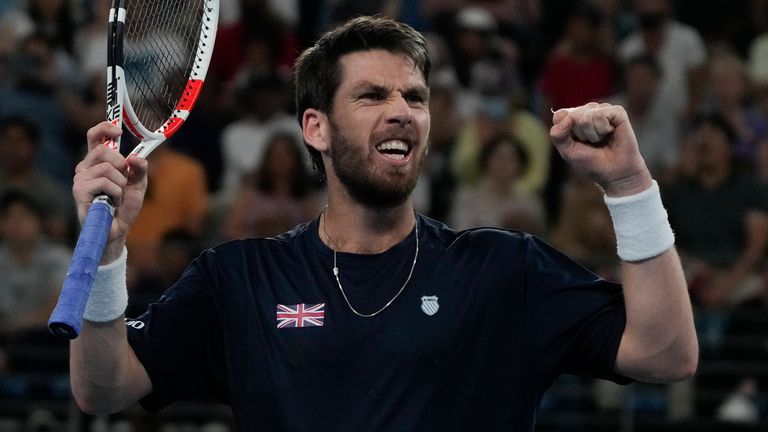 Britain&#39;s Cameron Norrie celebrates after defeating Spain&#39;s Rafael Nadal in their Group D match at the United Cup tennis event in Sydney, Australia, Saturday, Dec. 31, 2022. (AP Photo/Mark Baker)