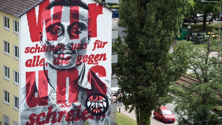 Mural of Eintracht Frankfurt hero Tony Yeboah on a house in Frankfurt, known as &#39;The Tony Yeboah House&#39;