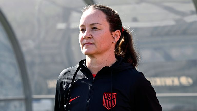 United States head coach Twila Kilgore stands on the sidelines before an international friendly soccer match against Colombia, Sunday, Oct. 29, 2023, in San Diego. (AP Photo/Alex Gallardo)