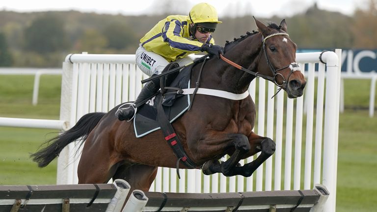 Nico de Boinville riding Willmount clear the last to win The Agetur UK Novices&#39; Hurdle at Newbury 