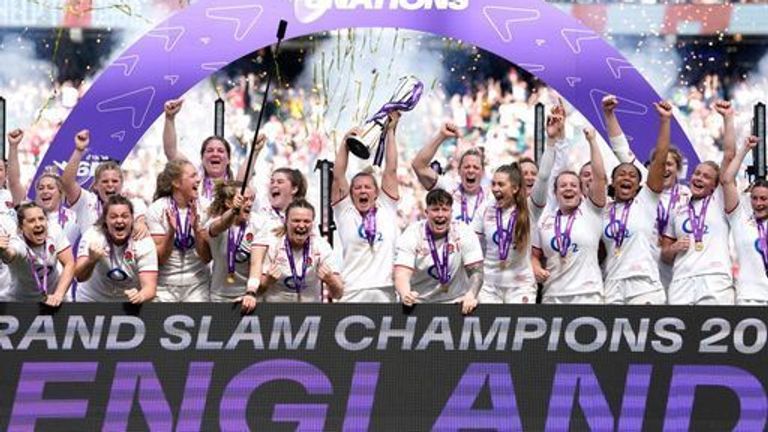 Marlie Packer holds aloft the Women's Six Nations trophy after the Red Roses sealed the grand slam against France in April