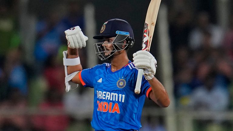 India&#39;s Yashasvi Jaiswal gestures towards his teammates as he celebrates scoring fifty runs during the second T20 cricket match between India and Australia in Thiruvananthapuram, India, Sunday, Nov. 26, 2023. (AP Photo/Aijaz Rahi)