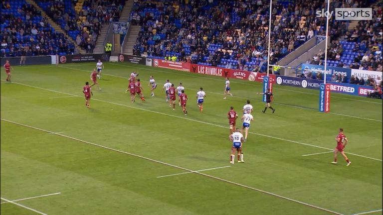 Adam Keighran found a pocket of space to pick up the ball and finish from close range for this try for Catalans Dragons against Warrington Wolves