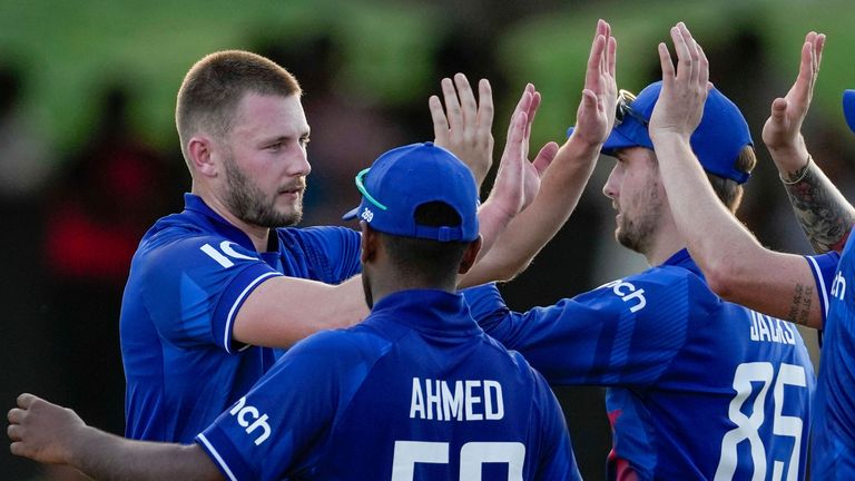 England&#39;s Gus Atkinson celebrates the wicket of West Indies&#39; Shimron Hetmyer during the first ODI cricket match