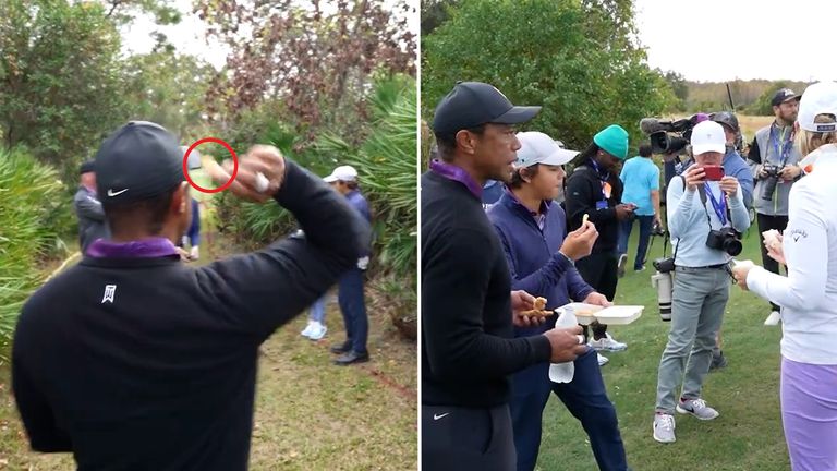 Tiger Woods seems to be enjoying the PNC Championship - here we see the golfer throwing chicken tenders during a food break!