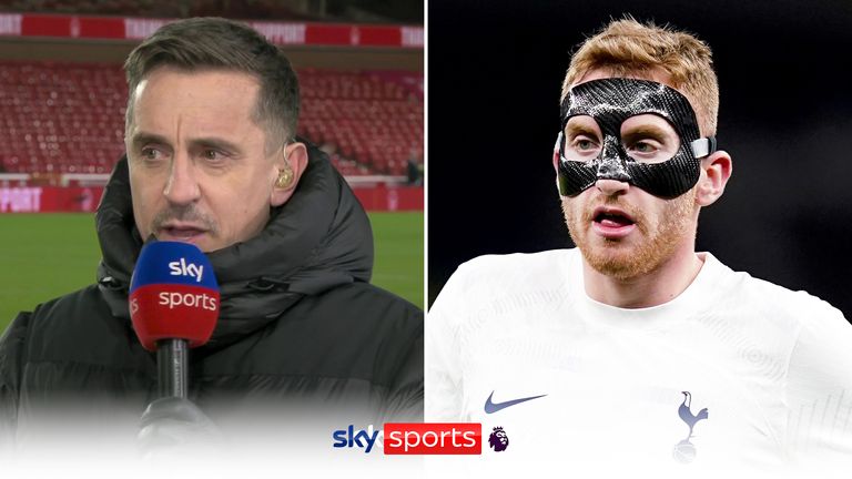 Left: Gary Neville after Spurs beat Forest; Right: Dejan Kulusevski during a Premier League match at the Tottenham Hotspur Stadium.