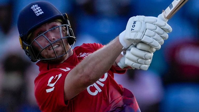 England&#39;s Phil Salt hits a six during the win against West Indies in third T20 international (Associated Press)