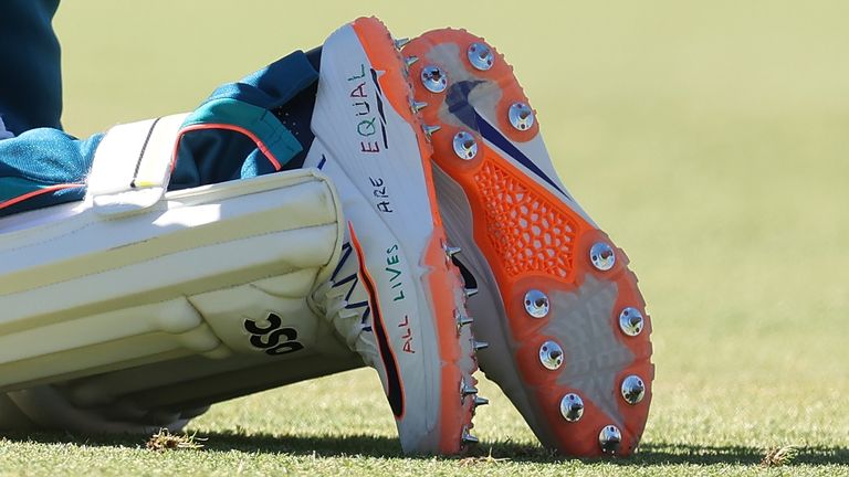 PERTH, AUSTRALIA - DECEMBER 11: The shoes of Usman Khawaja are pictured during an Australian nets session the at the WACA on December 11, 2023 in Perth, Australia. (Photo by Paul Kane/Getty Images)