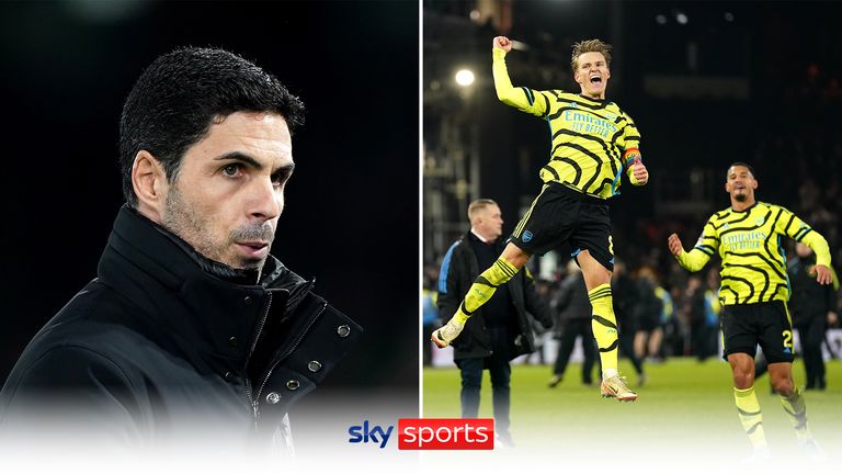 Left: Arsenal manager Mikel Arteta before the Premier League match at Kenilworth Road, Luton. Picture date: Tuesday December 5, 2023.; right: Arsenal&#39;s Martin Odegaard celebrates victory after the final whistle in the Premier League match at Kenilworth Road, Luton. Picture date: Tuesday December 5, 2023.